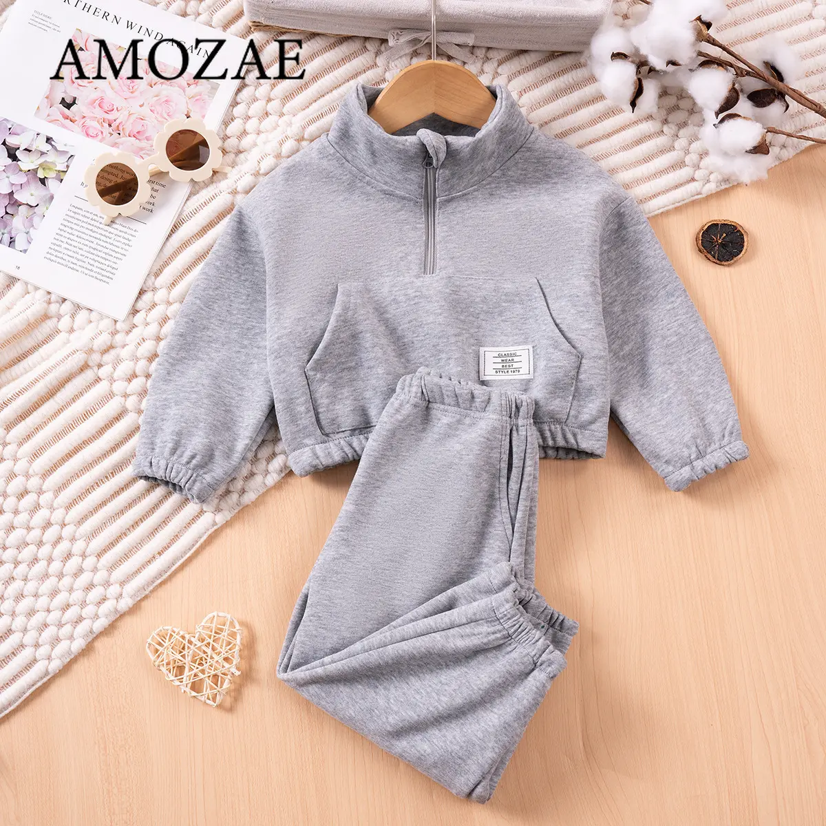 Autumn Baby Boys Girls 2-Piece Set Half-Zip Top and Pants Solid Color Soft Cotton Athletic Casual Sporty VersatileOutfit