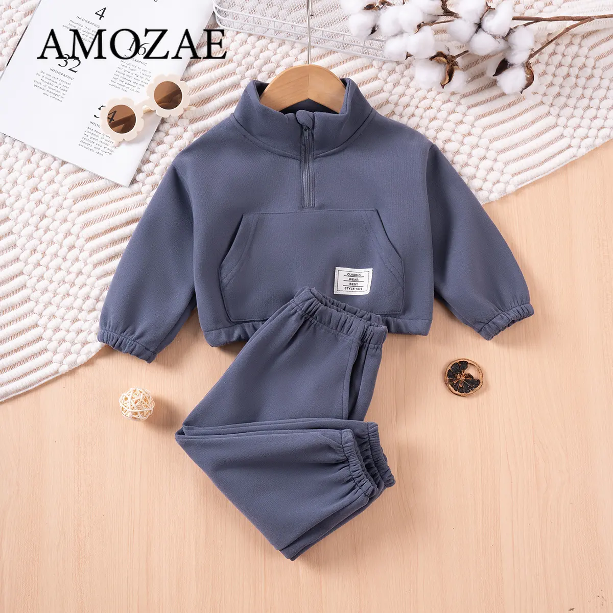 Autumn Baby Boys Girls 2-Piece Set Half-Zip Top and Pants Solid Color Soft Cotton Athletic Casual Sporty VersatileOutfit