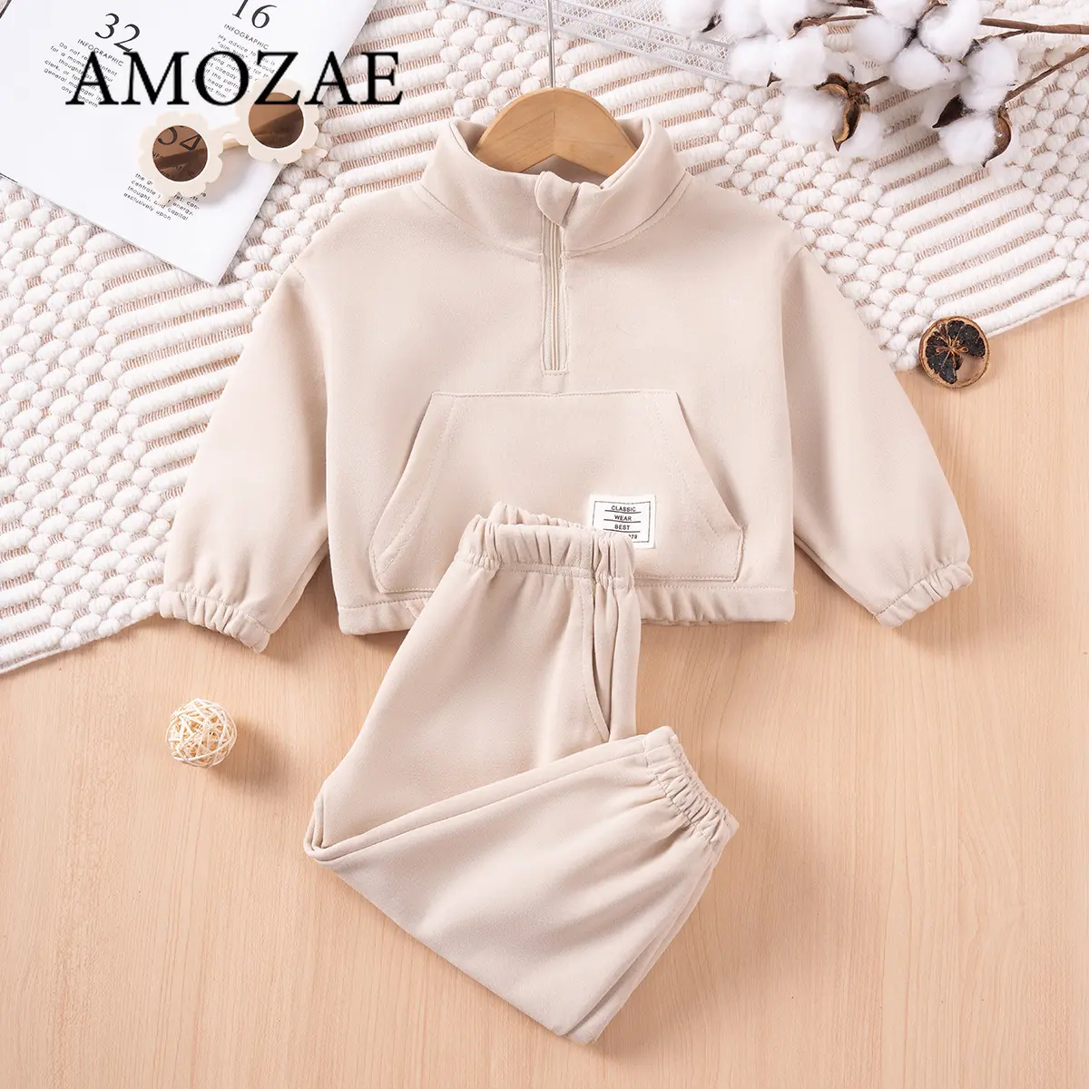 Autumn Baby Boys Girls 2-Piece Set Half-Zip Top and Pants Solid Color Soft Cotton Athletic Casual Sporty VersatileOutfit