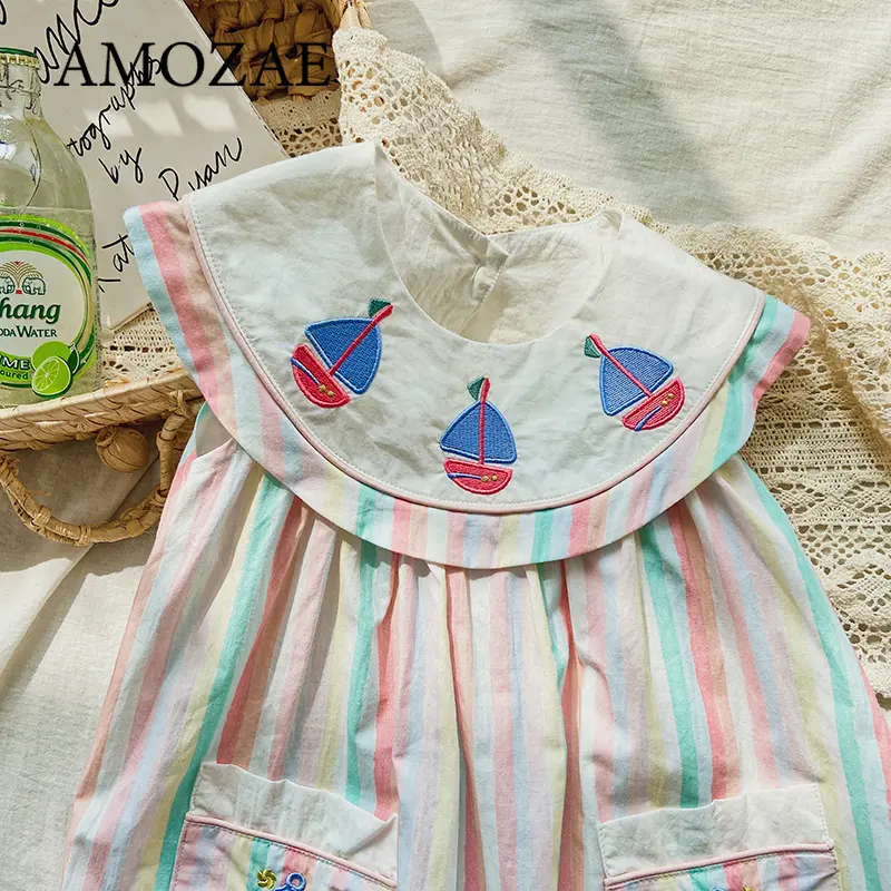 Children Girls Casual Dresses Sailing Embroidery Stripe Printing O-neck Party Dress Kids 2 To 7 Years Dress for Girls Summer