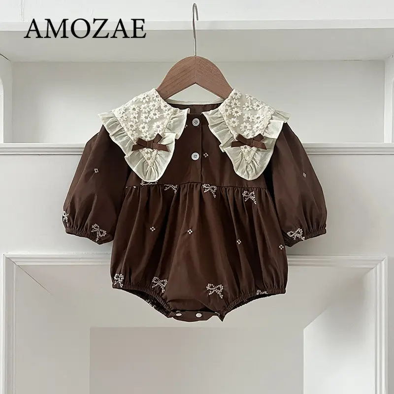 Newborn Infant Toddler Baby Girl Romper Lace Bow Ribbon Ruffle Jumpsuit Long Sleeve Floral Onesie Spring Embroidery Baby Clothes