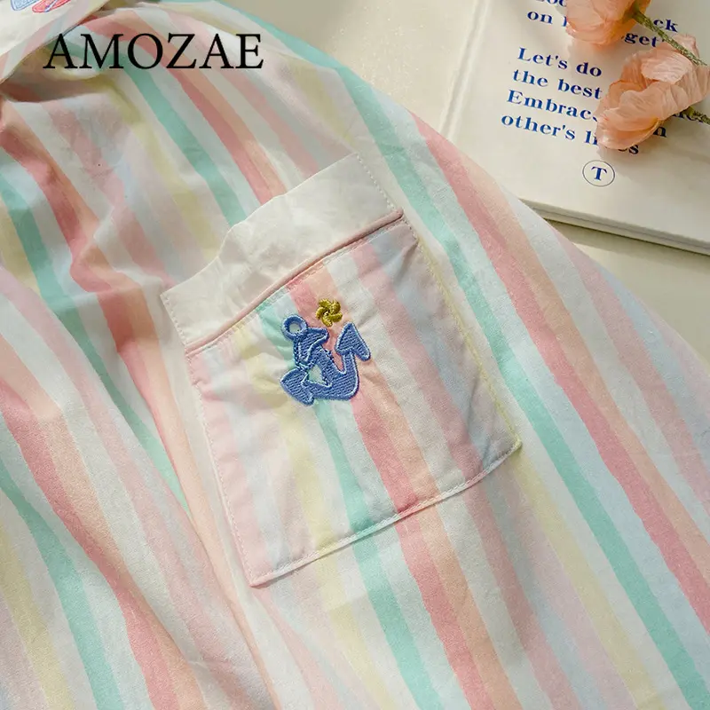 Children Girls Casual Dresses Sailing Embroidery Stripe Printing O-neck Party Dress Kids 2 To 7 Years Dress for Girls Summer