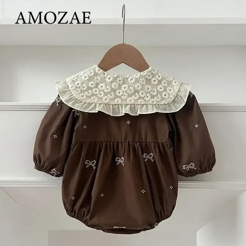 Newborn Infant Toddler Baby Girl Romper Lace Bow Ribbon Ruffle Jumpsuit Long Sleeve Floral Onesie Spring Embroidery Baby Clothes