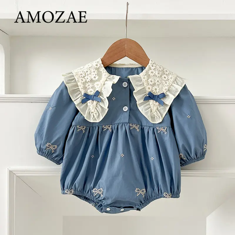 Newborn Infant Toddler Baby Girl Romper Lace Bow Ribbon Ruffle Jumpsuit Long Sleeve Floral Onesie Spring Embroidery Baby Clothes