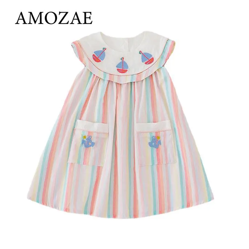 Children Girls Casual Dresses Sailing Embroidery Stripe Printing O-neck Party Dress Kids 2 To 7 Years Dress for Girls Summer
