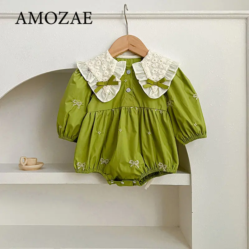Newborn Infant Toddler Baby Girl Romper Lace Bow Ribbon Ruffle Jumpsuit Long Sleeve Floral Onesie Spring Embroidery Baby Clothes