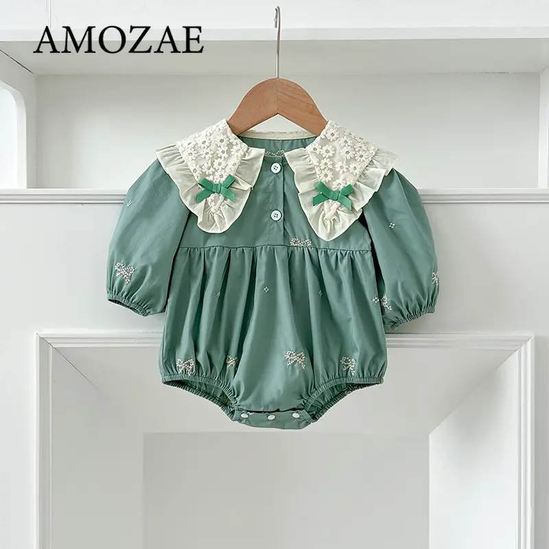 Newborn Infant Toddler Baby Girl Romper Lace Bow Ribbon Ruffle Jumpsuit Long Sleeve Floral Onesie Spring Embroidery Baby Clothes