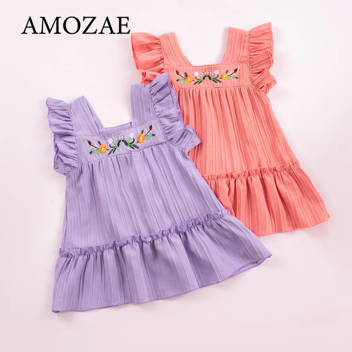 Summer Girls Floral Plaid Dress with Sweet Flying Sleeves & Embroidery Cute Princess Chiffon Toddler Outfit 1-6 Years