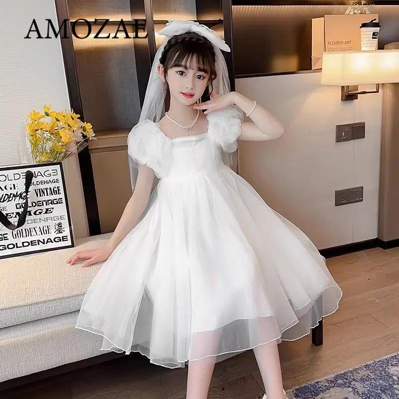 Children Girl Birthday Party Dresses Vestidos Clothes Brand New Baby Girls White Long Dress Kids Girl Elegant Wedding