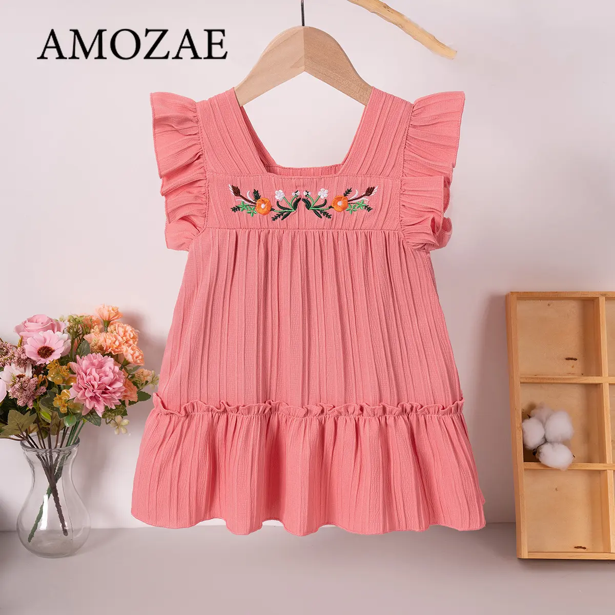 Summer Girls Floral Plaid Dress with Sweet Flying Sleeves & Embroidery Cute Princess Chiffon Toddler Outfit 1-6 Years