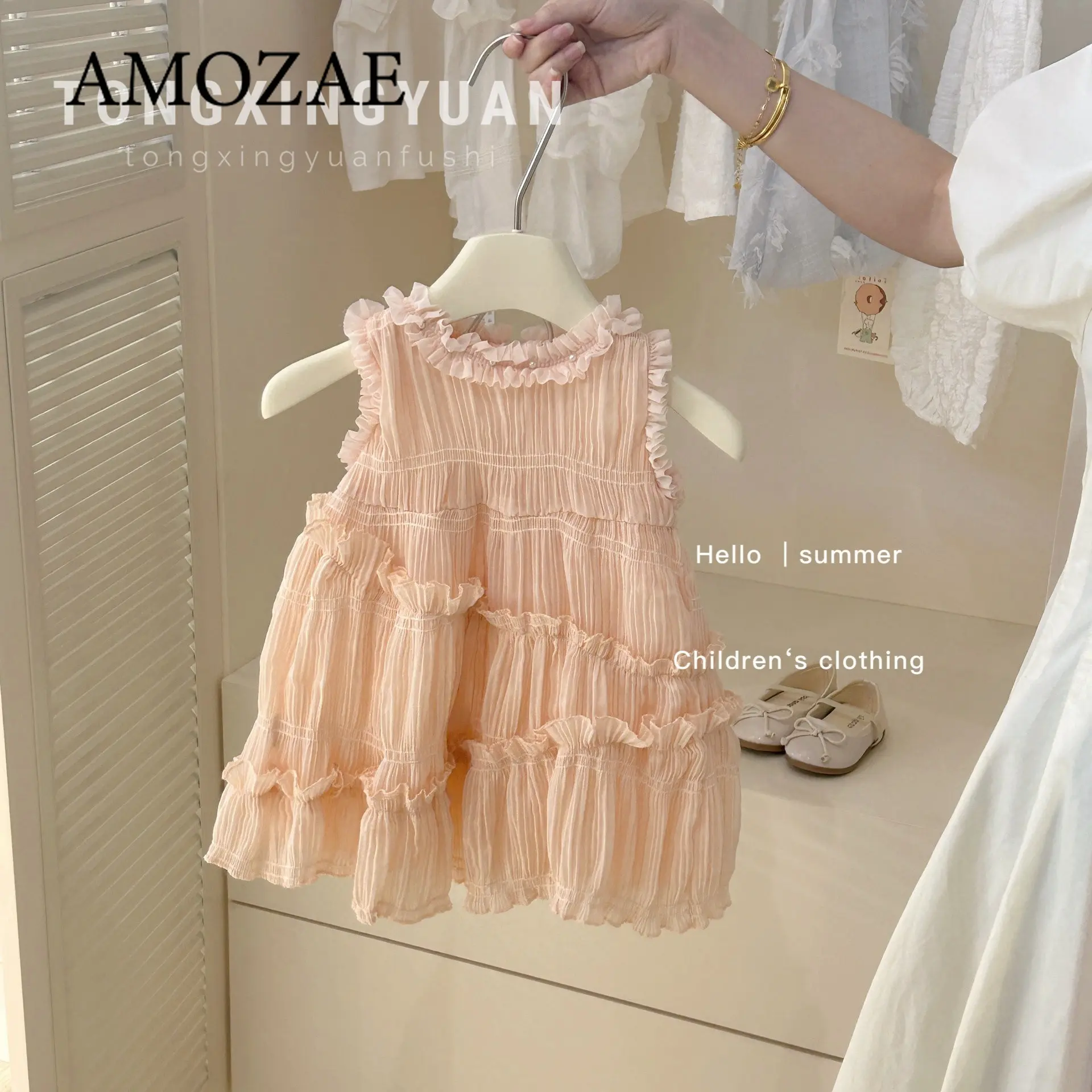 Girls Dress Summer New Korean Fashion Solid Color Cute Sweet Lace Princess Dress Trendy Kids Clothes