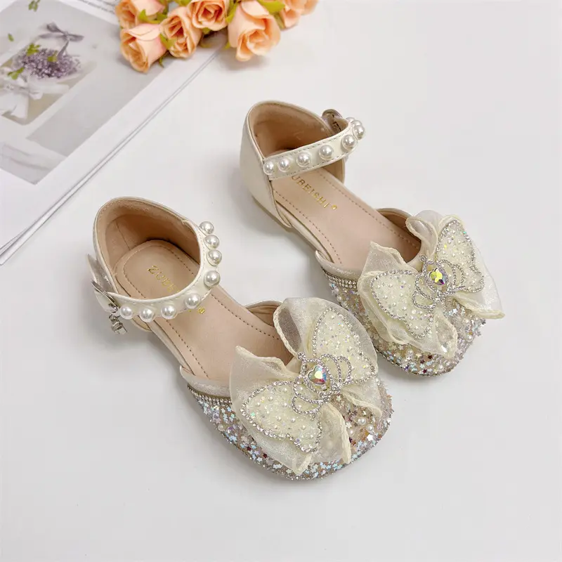Children Girls Princess Sandals Bow Crystal Beaded Sequins Butterfly Kids Flat Heel Summer Comfortable Soft-Soled Fashion Shoes