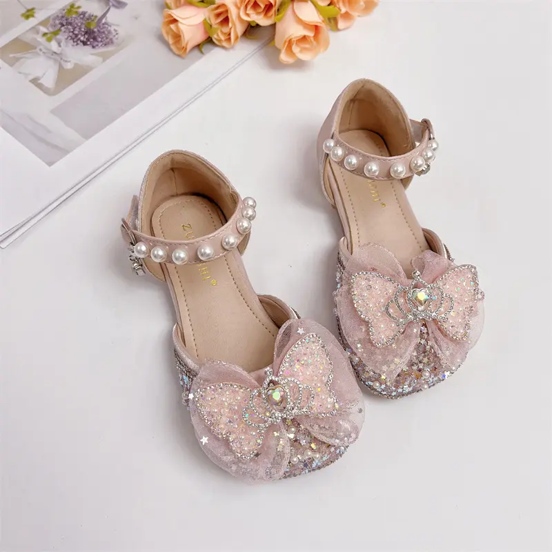 Children Girls Princess Sandals Bow Crystal Beaded Sequins Butterfly Kids Flat Heel Summer Comfortable Soft-Soled Fashion Shoes