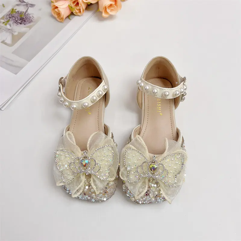 Children Girls Princess Sandals Bow Crystal Beaded Sequins Butterfly Kids Flat Heel Summer Comfortable Soft-Soled Fashion Shoes