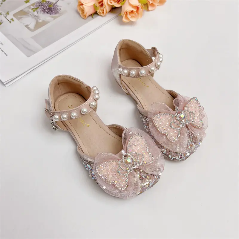 Children Girls Princess Sandals Bow Crystal Beaded Sequins Butterfly Kids Flat Heel Summer Comfortable Soft-Soled Fashion Shoes