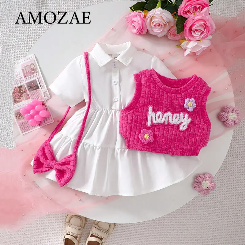 3PCS Summer Girls Children's Dresses Cute Kniitted Vest Short Sleeved Dress Set Baby Girls' Dresses