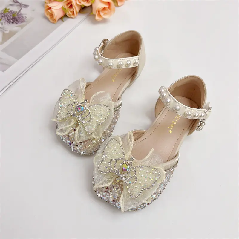Children Girls Princess Sandals Bow Crystal Beaded Sequins Butterfly Kids Flat Heel Summer Comfortable Soft-Soled Fashion Shoes
