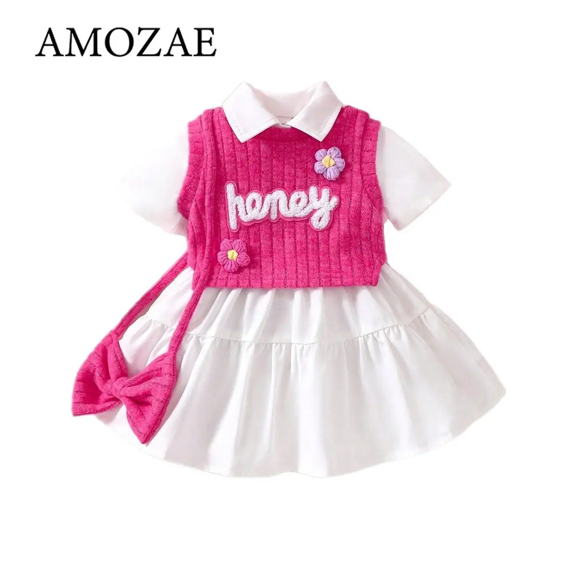 3PCS Summer Girls Children's Dresses Cute Kniitted Vest Short Sleeved Dress Set Baby Girls' Dresses