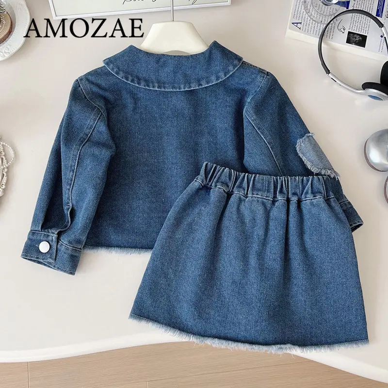 Children Girls Doll Collar Love Quilt Denim Top + Love Jean Skirt Kids Clothes Girls Girl Clothes Skirt Sets