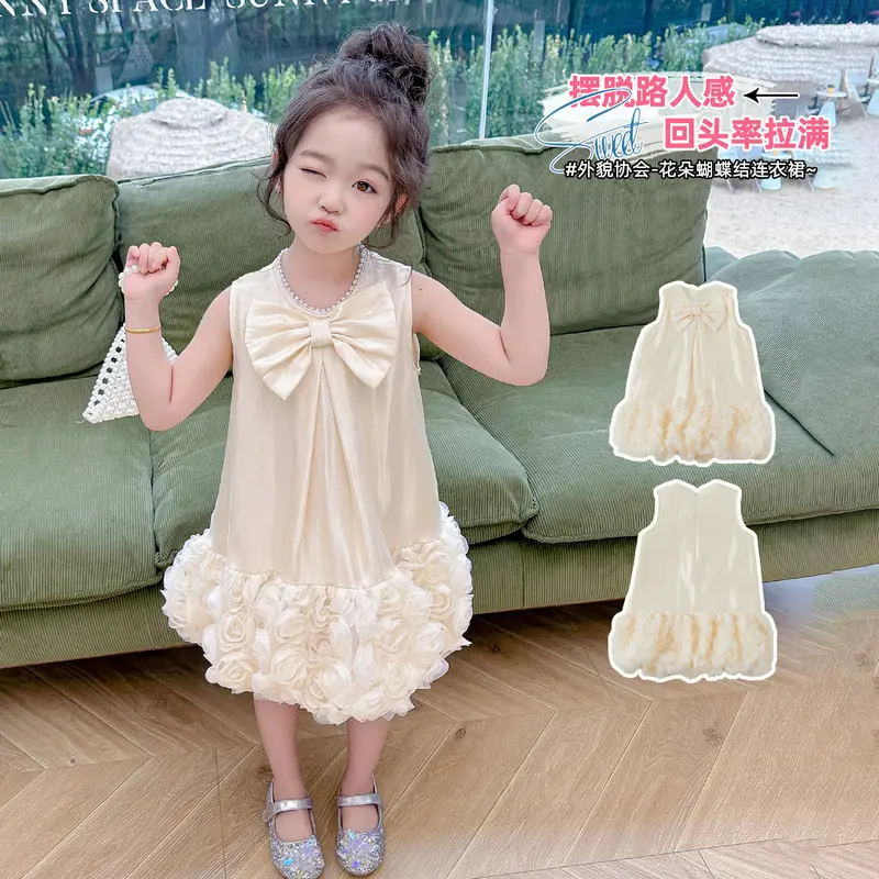 Girl's Flower Mesh Princess Dress Summer 2025 New Fashionable Bow Pong Skirt for Baby Girls Sleeveless Dress