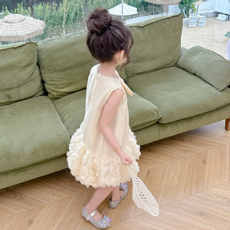 Girl's Flower Mesh Princess Dress Summer 2025 New Fashionable Bow Pong Skirt for Baby Girls Sleeveless Dress