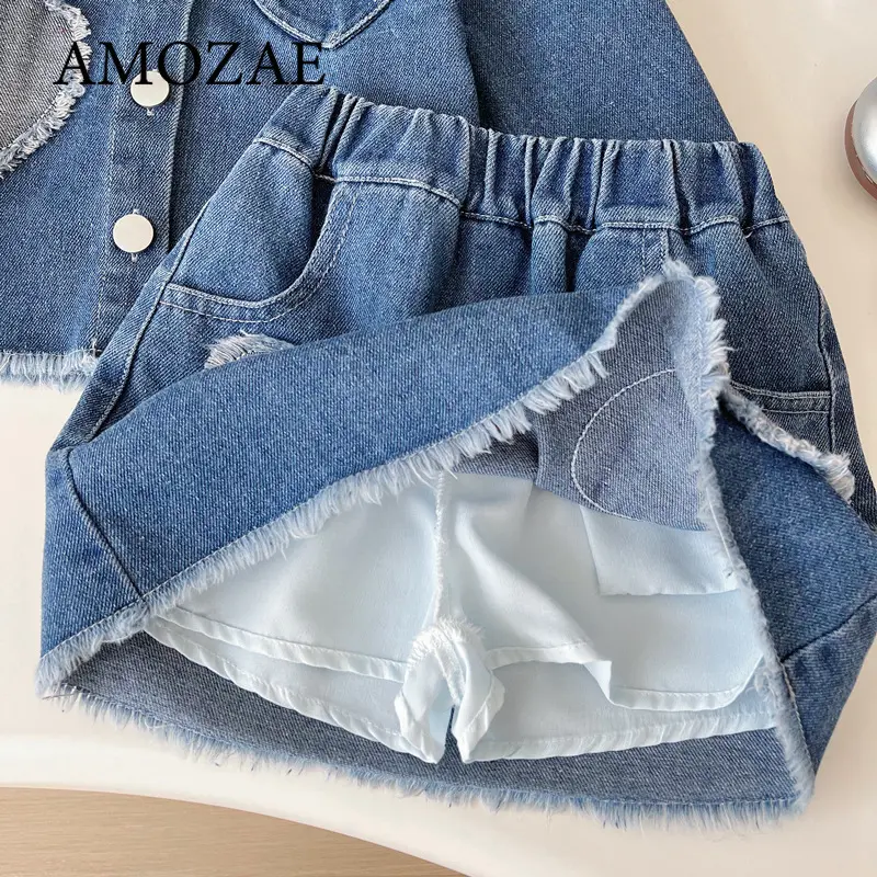 Children Girls Doll Collar Love Quilt Denim Top + Love Jean Skirt Kids Clothes Girls Girl Clothes Skirt Sets