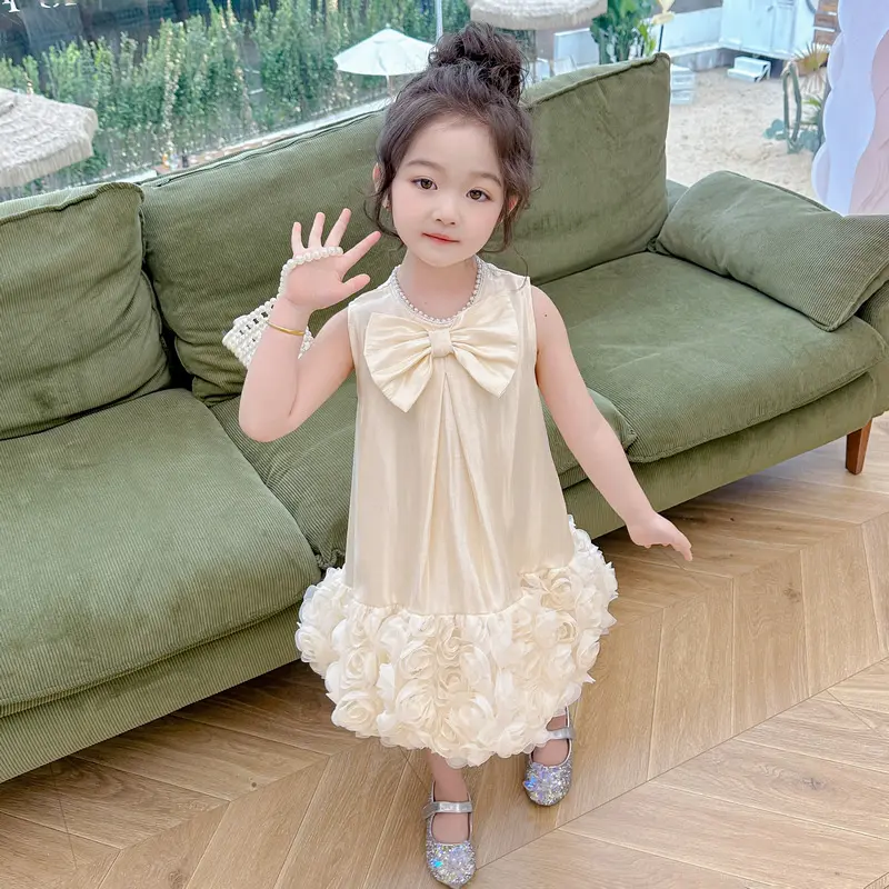 Girl's Flower Mesh Princess Dress Summer 2025 New Fashionable Bow Pong Skirt for Baby Girls Sleeveless Dress