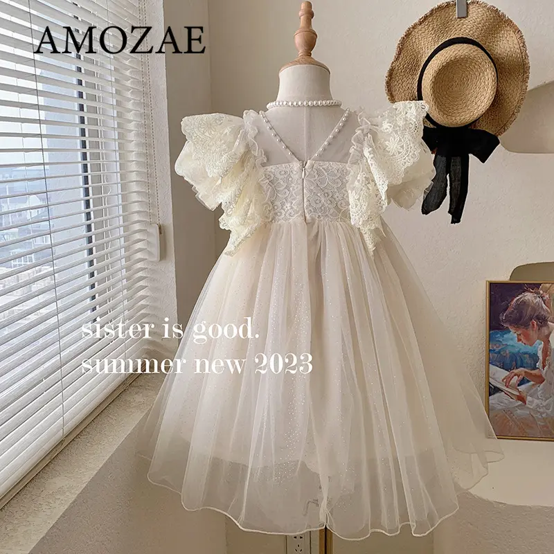 Children Girls' Summer New Pearl Lace Fairy Style Elegant Lace Puff Sleeve Puffy Mesh Princess Dress