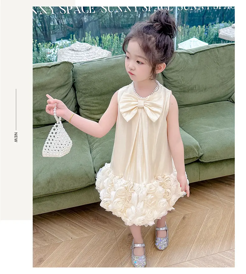 Girl's Flower Mesh Princess Dress Summer 2025 New Fashionable Bow Pong Skirt for Baby Girls Sleeveless Dress