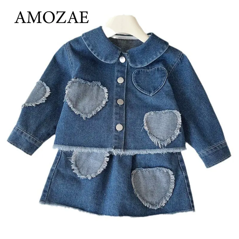 Children Girls Doll Collar Love Quilt Denim Top + Love Jean Skirt Kids Clothes Girls Girl Clothes Skirt Sets
