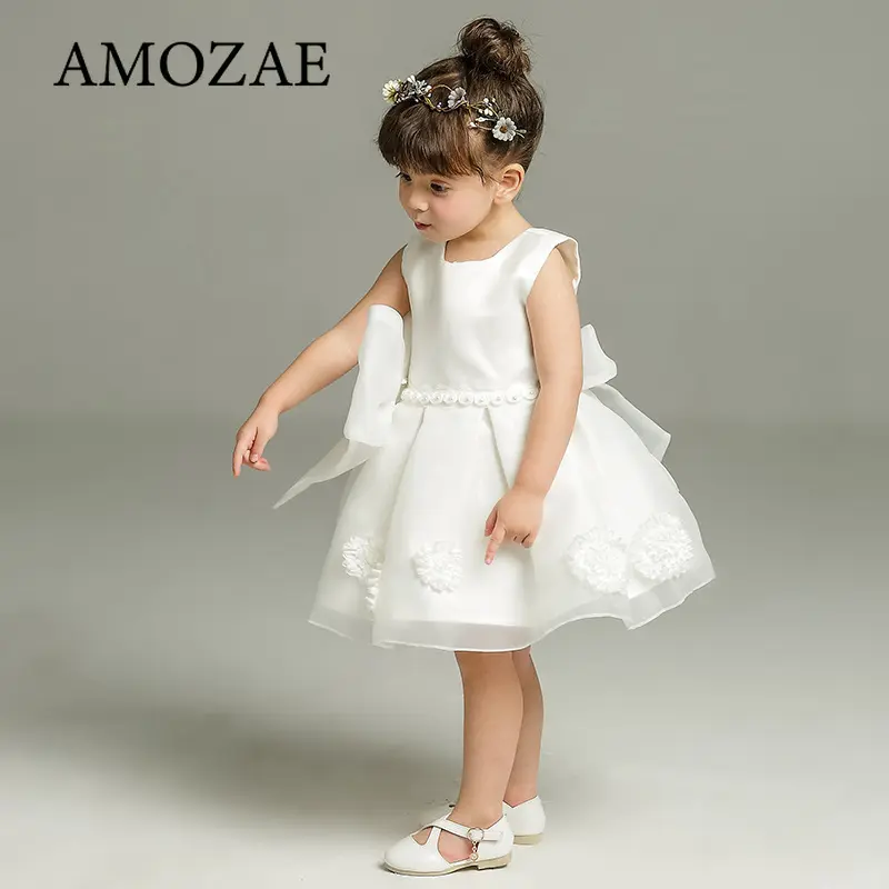 Children Girls Birthday Party Dresses White Clothing Baby Wedding Princess Dresses Bow Flower Toddler Ceremonial Costume