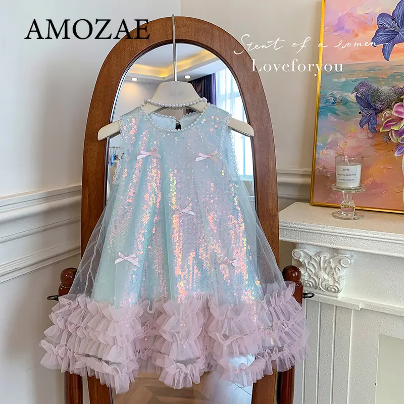 Summer Kids Girl's Dress Sleeveless Round Collar Little Girl's Sequined Birthday Sparkling Cake Layered Princess Dresses