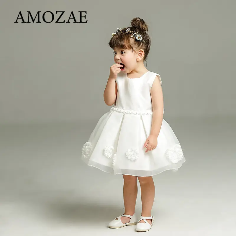Children Girls Birthday Party Dresses White Clothing Baby Wedding Princess Dresses Bow Flower Toddler Ceremonial Costume