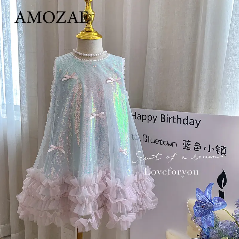 Summer Kids Girl's Dress Sleeveless Round Collar Little Girl's Sequined Birthday Sparkling Cake Layered Princess Dresses