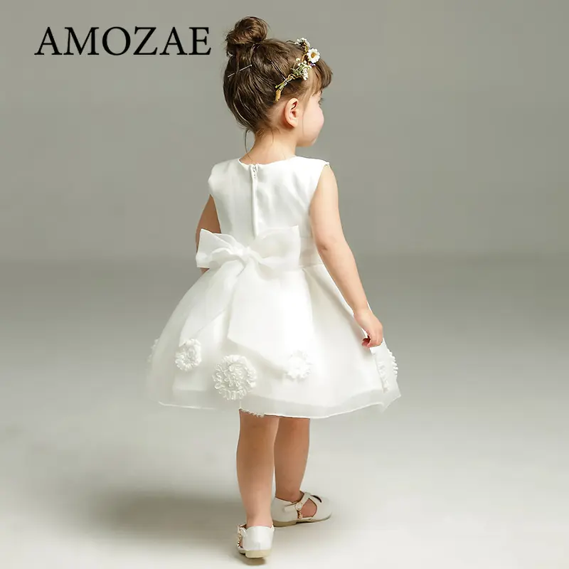 Children Girls Birthday Party Dresses White Clothing Baby Wedding Princess Dresses Bow Flower Toddler Ceremonial Costume