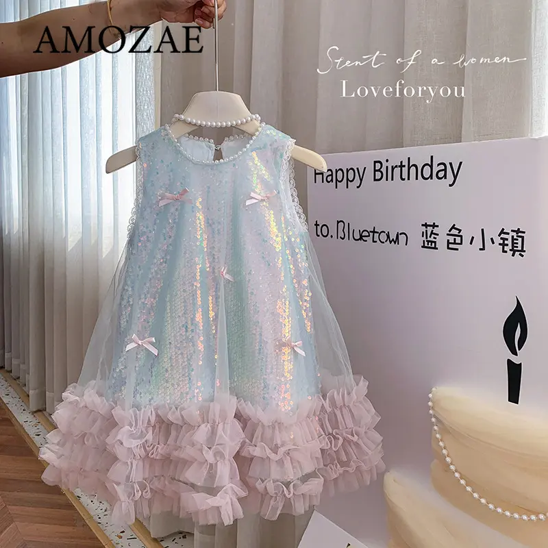 Summer Kids Girl's Dress Sleeveless Round Collar Little Girl's Sequined Birthday Sparkling Cake Layered Princess Dresses
