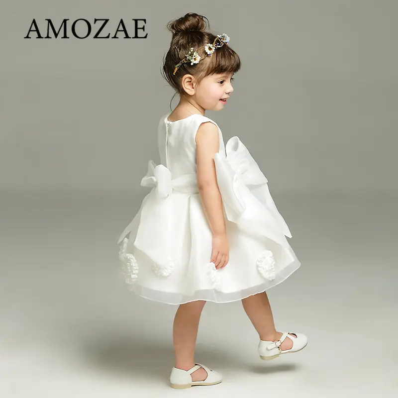 Children Girls Birthday Party Dresses White Clothing Baby Wedding Princess Dresses Bow Flower Toddler Ceremonial Costume
