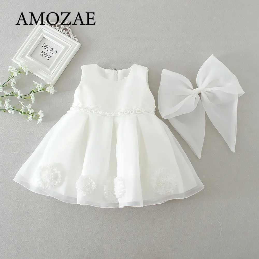 Children Girls Birthday Party Dresses White Clothing Baby Wedding Princess Dresses Bow Flower Toddler Ceremonial Costume