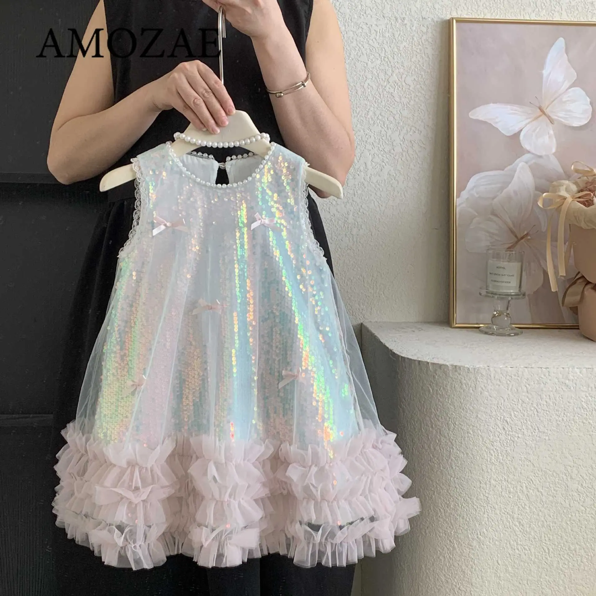 Summer Kids Girl's Dress Sleeveless Round Collar Little Girl's Sequined Birthday Sparkling Cake Layered Princess Dresses