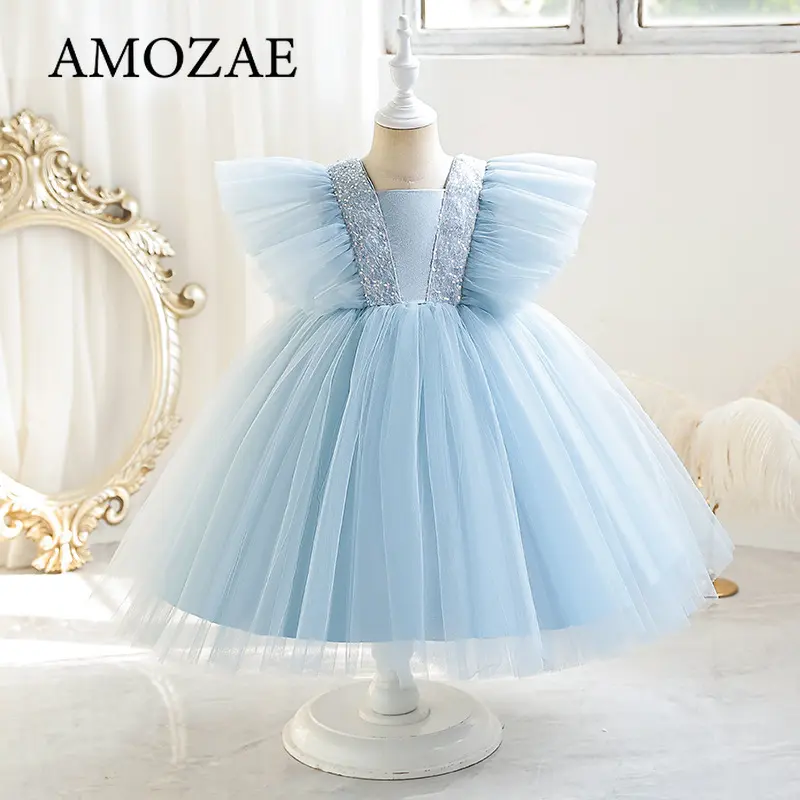 Elegant Girls Party Dress Wediings Flower Girl Gown Princess BLUE Birthday Bow Kids Lace Dresses for 3-8Y Children Fashion Dress