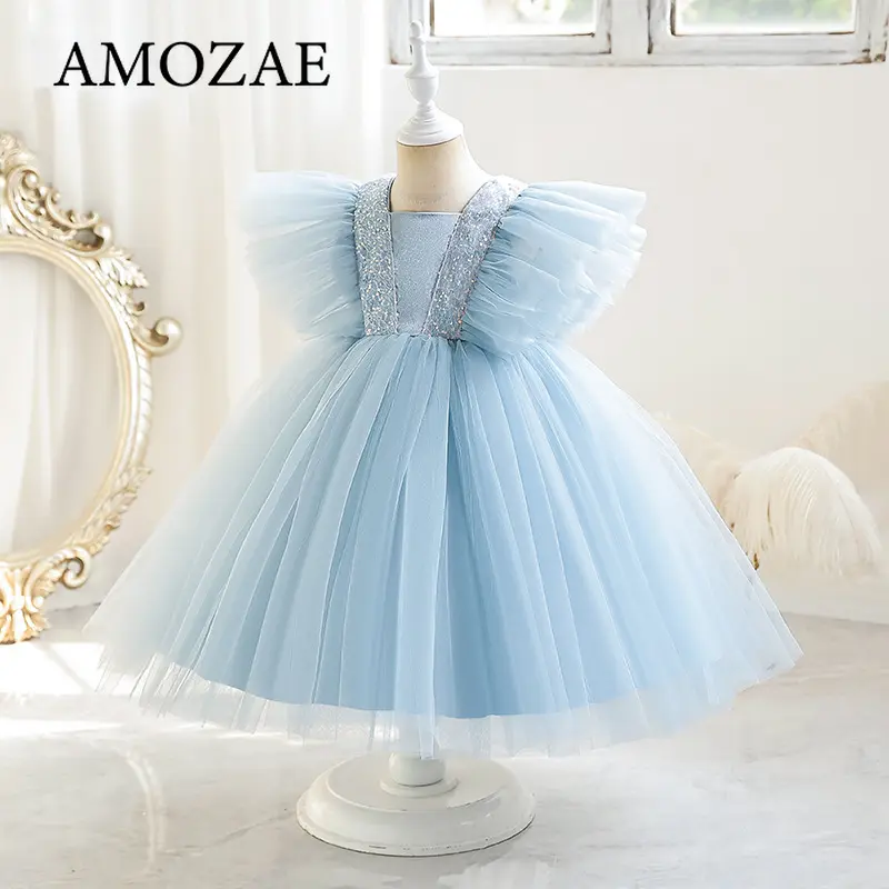 Elegant Girls Party Dress Wediings Flower Girl Gown Princess BLUE Birthday Bow Kids Lace Dresses for 3-8Y Children Fashion Dress