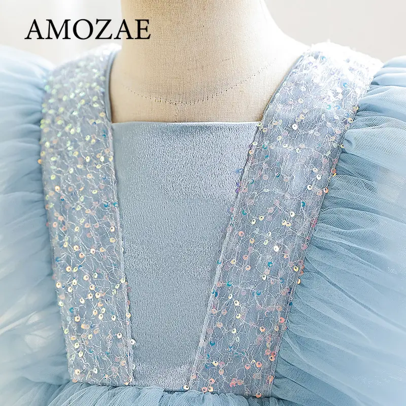 Elegant Girls Party Dress Wediings Flower Girl Gown Princess BLUE Birthday Bow Kids Lace Dresses for 3-8Y Children Fashion Dress