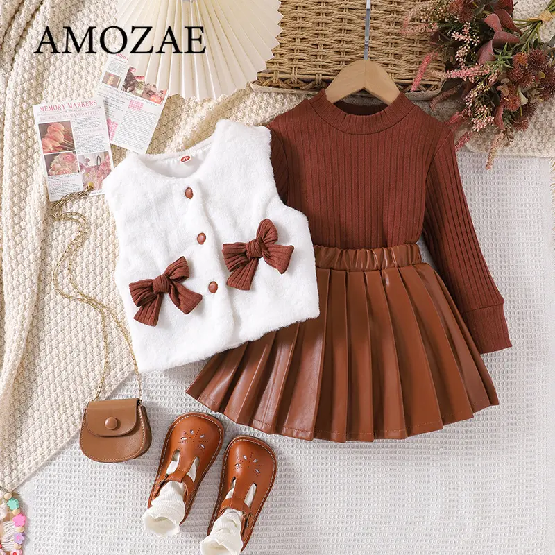 3Pcs Kids Girls Suits Autumn Winter Kids Clothing Set Long Sleeve PU Leather Short Skirt Sweater Vest Inner Wear Outfits