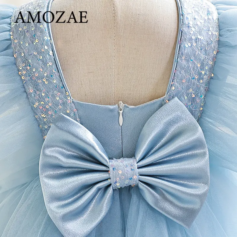 Elegant Girls Party Dress Wediings Flower Girl Gown Princess BLUE Birthday Bow Kids Lace Dresses for 3-8Y Children Fashion Dress