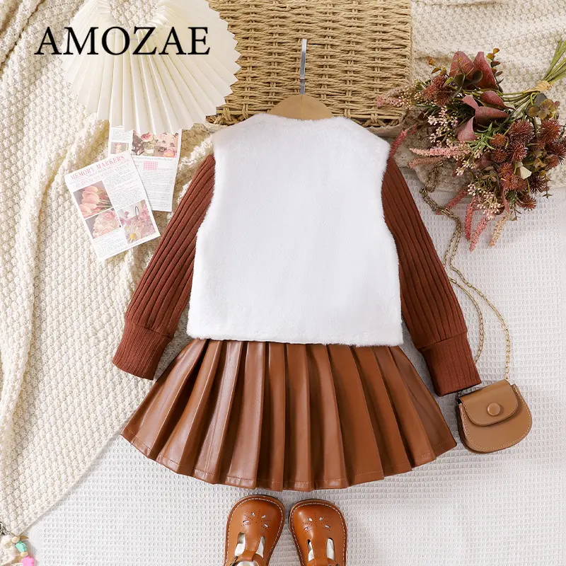 3Pcs Kids Girls Suits Autumn Winter Kids Clothing Set Long Sleeve PU Leather Short Skirt Sweater Vest Inner Wear Outfits