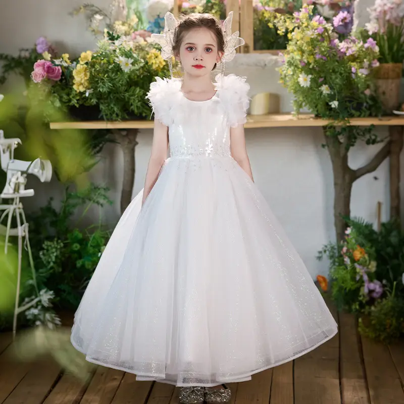 Children Girls' Summer Dress Feather Princess Dress Girls' Birthday Wedding Elegant Party Evening Prom Gown Dress