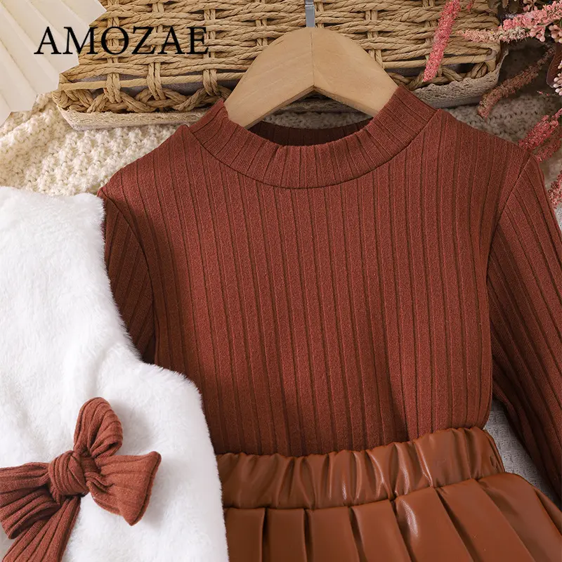 3Pcs Kids Girls Suits Autumn Winter Kids Clothing Set Long Sleeve PU Leather Short Skirt Sweater Vest Inner Wear Outfits
