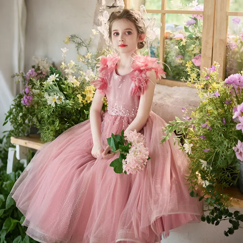Children Girls' Summer Dress Feather Princess Dress Girls' Birthday Wedding Elegant Party Evening Prom Gown Dress