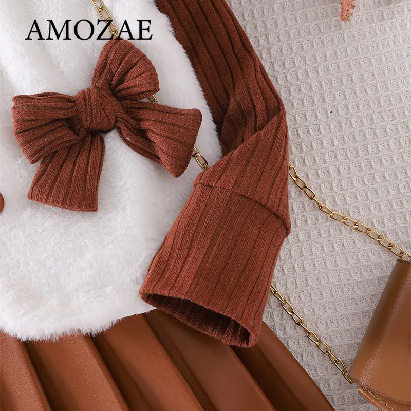 3Pcs Kids Girls Suits Autumn Winter Kids Clothing Set Long Sleeve PU Leather Short Skirt Sweater Vest Inner Wear Outfits
