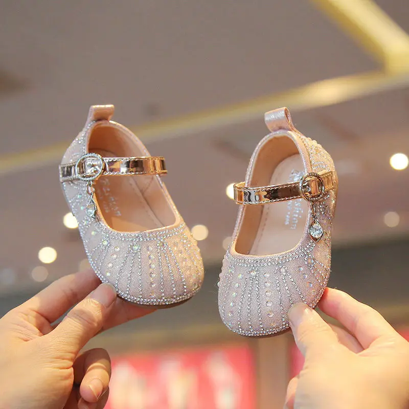 Spring Autumn Kids Girls Leather Rhinestone Princess Casual Dress Flats for Wedding Party
